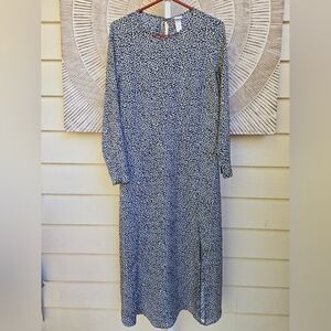 H&M Tie Back Ditsy Print Long Sleeve Maxi Dress Sz M Blue Yellow Black White